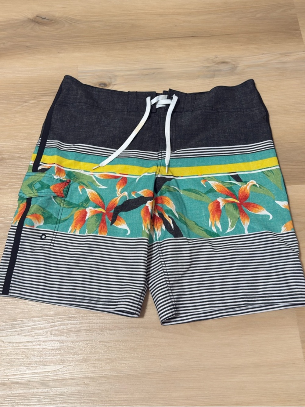 Men's Black & Teal Floral tropical Stripe Swim Trunks